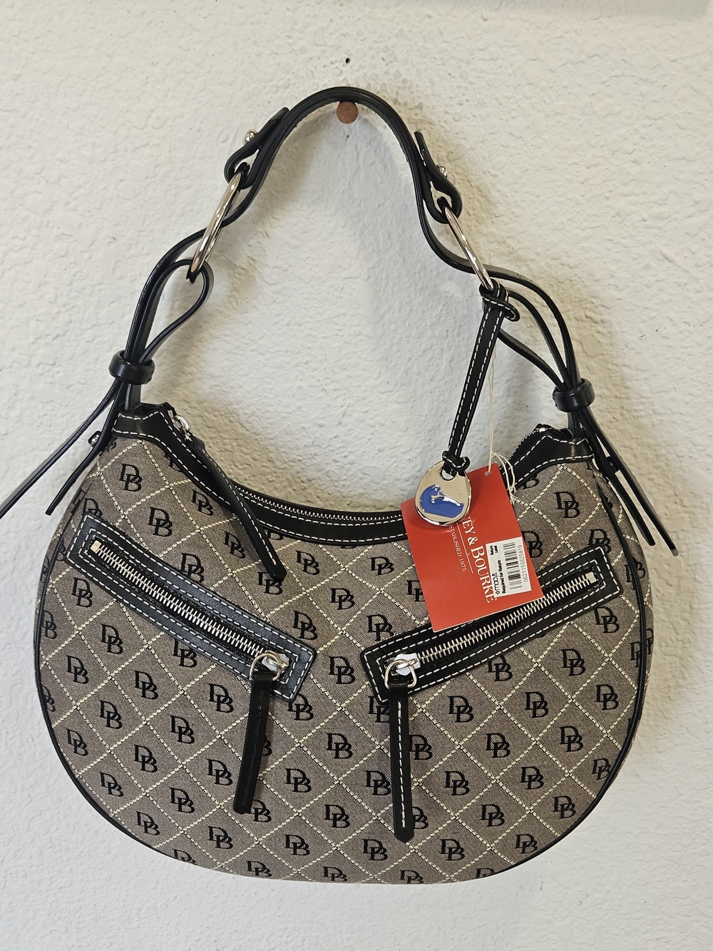 Vintage Dooney & Bourke Signature Canvas Hobo Moon Shoulder Bag - Y2K Grey/Black